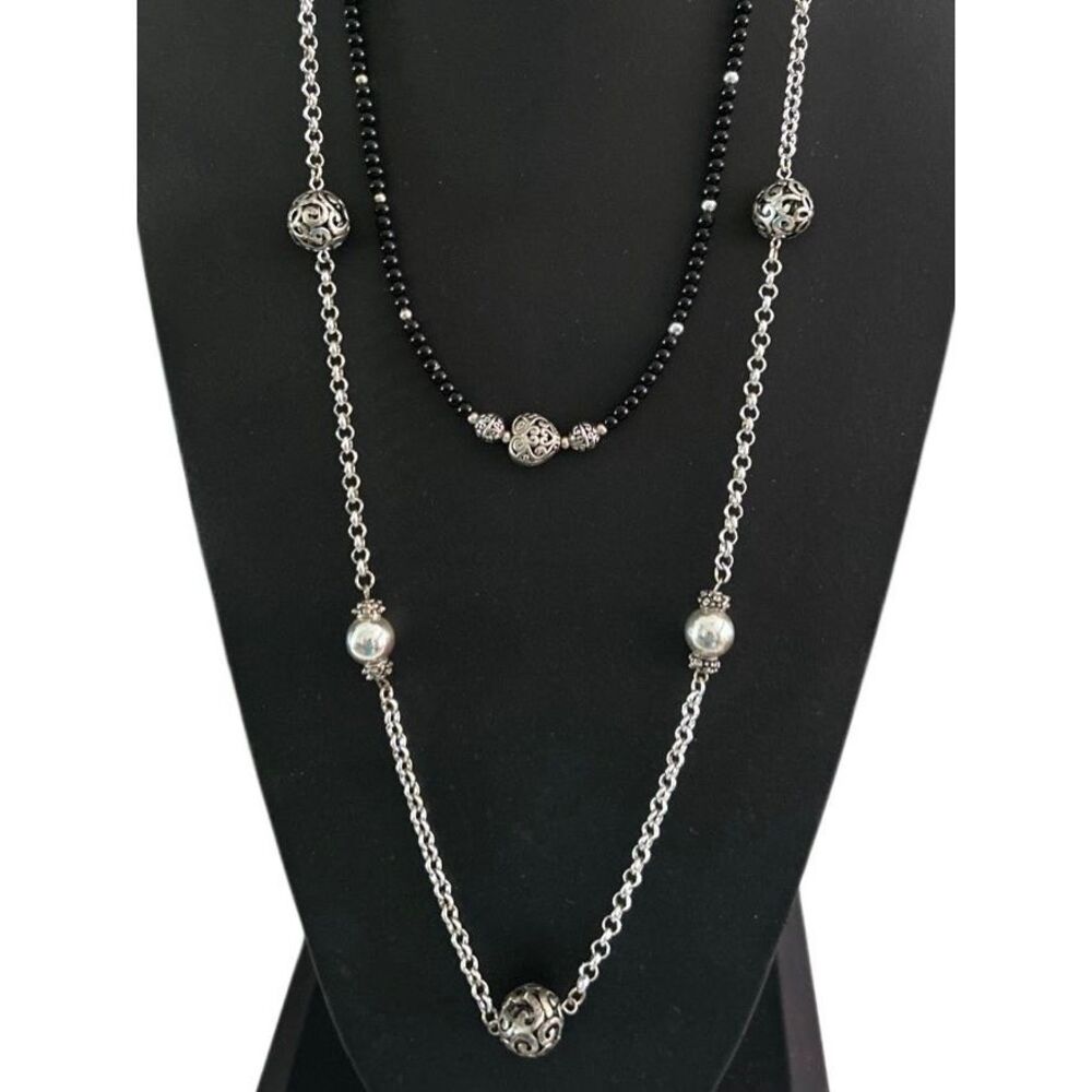 Lot of 2 Necklaces Womens 24" Black Beads & 35" Vtg Silver-tone Station Necklace